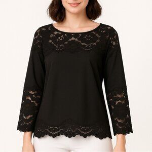Plenty By Tracy Reese Women's Top Black Sz S Lace Inset Boxy Classic Blouse
